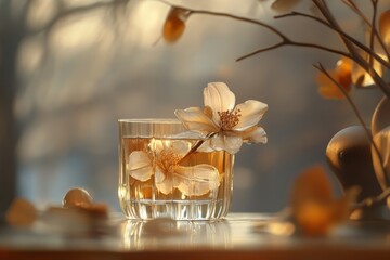 Poster - Golden Hour Tea with Delicate Flowers in Glass