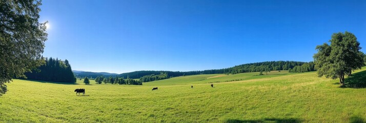 Aufkleber - Cows grazing serenely on a lush green meadow under a clear blue sky in the afternoon sunlight. Generative AI
