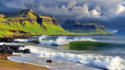 Sticker - Dramatic coastal scenery with crashing waves against rugged, green hills under a stormy sky.