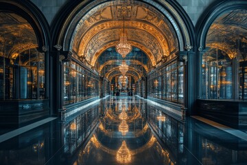 Poster - Grand Hallway with Gilded Ceilings and Reflective Floor