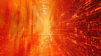 Abstract picture orange particle with digital technology style design with the coding data flow show dynamic movement represent about programming by programmer or problem solve by encryption. AIG53.