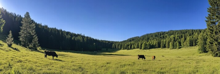 Aufkleber - Cows grazing peacefully in a green meadow surrounded by trees at midday under a clear blue sky. Generative AI