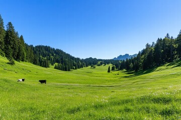 Aufkleber - Cows graze in a serene green meadow surrounded by mountains on a clear sunny day. Generative AI