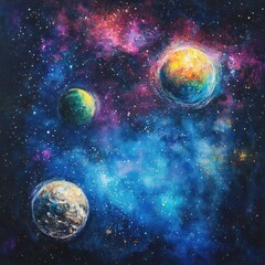 Poster - Vibrant galaxy print featuring glowing planets and colorful nebulas in a starry cosmic landscape. Generative AI