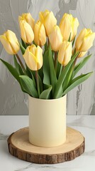 Wall Mural - Bright yellow tulips arranged in a white vase sit elegantly on a wooden countertop, creating a cheerful focal point in a modern kitchen with minimalistic decor elements in the background