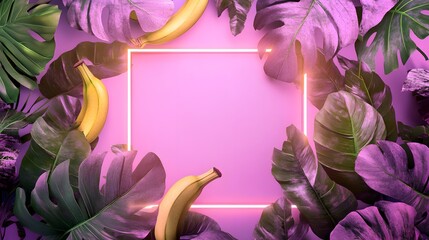 Wall Mural - Vibrant display of tropical leaves and bananas against a pink background