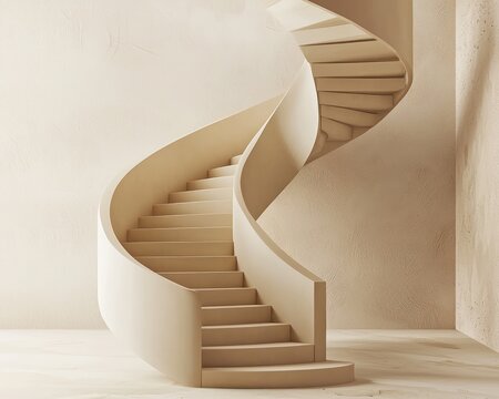 Beige spiral staircase in abstract minimalist setting, 3D render
