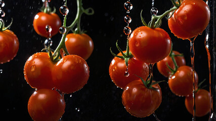 Fresh tomatoes suspended mid air, glistening with water droplets frozen in motion. Sharp lighting highlights the vibrant red against a deep black background, creating a dramatic, refreshing scene.