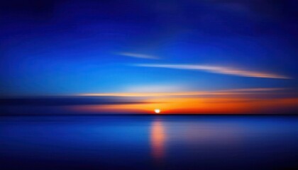 Poster - serene horizon with vivid sunset blending orange and deep blue tones over calm ocean water, perfect for meditative or peaceful designs