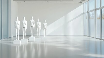 Poster - Four female mannequins are standing on white podiums of different heights in a bright, empty showroom with large windows, creating a minimalist and modern atmosphere