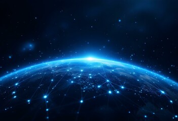 Wall Mural - glowing blue earth horizon with digital network connections across globe surface. global technology 