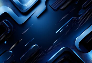 Dark blue technological background with glowing circuit lines and geometric shapes. Modern digital design concept for tech presentations, banners and business materials with copy space
