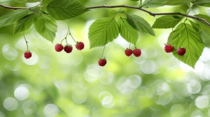 Wall Mural - Ripe red raspberries dangle from lush green leaves, creating a vibrant summer ambiance. The soft bokeh adds depth, inviting the viewer into a serene natural setting perfect for branding