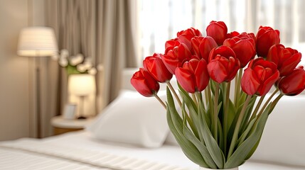 Wall Mural - A vibrant bouquet of red tulips is beautifully arranged on a table in a cozy bedroom. Soft natural light filters through the window, enhancing the warm atmosphere and inviting decor