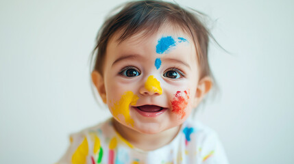 Toddler smiling with a painted face on Holi