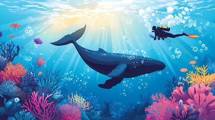 Wall Mural - scuba diver surrounded majestic whale