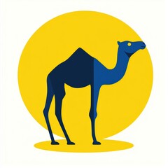 Wall Mural - Blue camel silhouette against yellow circle on white backdrop, for graphic design use