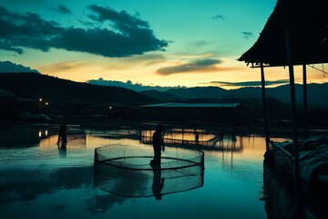 Sticker - Silhouetted Fishers at Sunset by Fish Farm