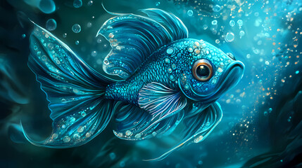 Wall Mural - An iridescent turquoise fish with ornate fins and a textured body swims through a shimmering blue underwater world. Shimmering Underwater World. Illustration