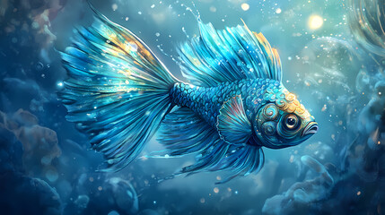 Wall Mural - An iridescent turquoise fish with ornate fins and a textured body swims through a shimmering blue underwater world. Shimmering Underwater World. Illustration