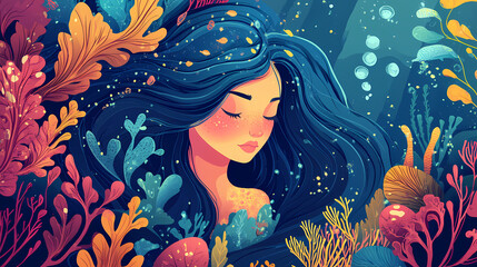 Wall Mural - Aquatic adventure realm: shimmering scales, vibrant coral reefs, mythical sea creatures in a captivating underwater world. Shimmering Underwater World. Illustration