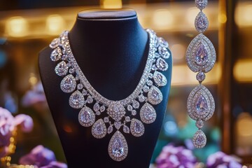 Wall Mural - Sparkling Diamond Necklace and Earrings Displayed