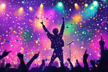 Fototapete - K Pop idol captivates audience with electrifying performance under vibrant lights and confetti at live concert. Generative AI