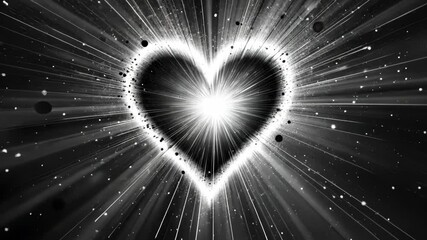 Wall Mural - glowing heart shape with light rays bursting in black and white. abstract love symbol animation with