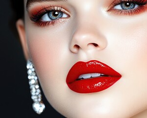 A beauty close-up of a woman with bold red lips and dramatic eye makeup