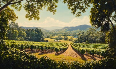 Poster - Sunlit Vineyard Rows in Rolling Hills Landscape