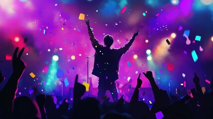 Fototapete - K Pop idol performs with energy and excitement at nighttime concert surrounded by colorful lights and enthusiastic fans. Generative AI