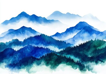 Wall Mural - A hand-drawn watercolor sketch of a landscape featuring mountains and a fir forest, isolated on a white background