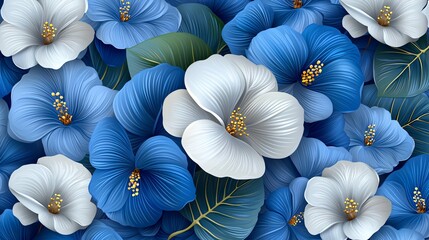 Canvas Print - Elegant Blue and White Hibiscus Flowers Botanical Illustration