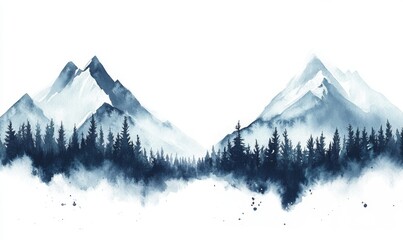 Wall Mural - Isolated on a white background, a hand-drawn watercolor landscape featuring two mountains and a forest