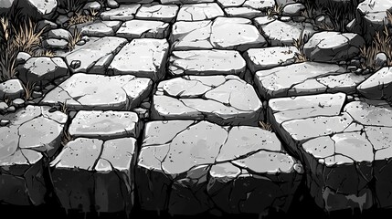 Canvas Print - Cracked stone pavement texture, grey cobblestone road surface with grass growing between stones.