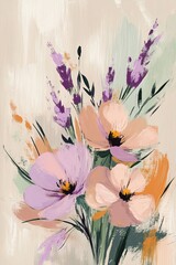 Wall Mural - This artwork features textured brushstrokes depicting spring flowers in blush pink and lavender against a calming beige background, ideal for modern decor