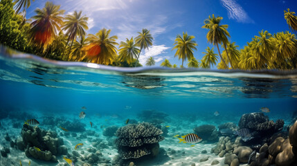 Wall Mural - tropical beach and coral reef fish underwater
