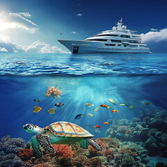 Wall Mural - tropical beach, yacht and coral reef underwater