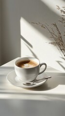 Wall Mural - Warm cup of coffee resting on saucer with sunlight casting soft shadows