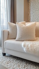 Wall Mural - Cozy living room with elegant white sofa and textured pillows in modern interior design setup