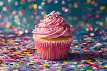 Wall Mural - Colorful cupcake with pink frosting and sprinkles on a confetti-covered surface