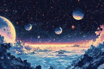 Wall Mural - exploration of outer space with a futuristic spacecraft orbiting a distant moon