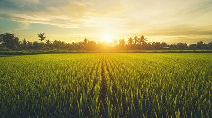 Wall Mural - Rice field during sunset. Capturing the golden light over the rice plants. Emphasizing the serene and picturesque quality of rice cultivation. Ideal for travel articles and nature photography.