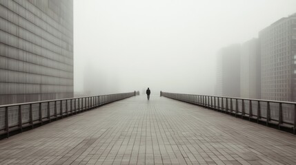 Wall Mural - solitary figure walking on a foggy city bridge.