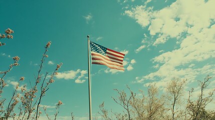 america flag waving on a flagpole framed by serene blue skies
