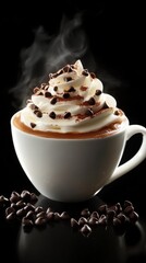 Poster - Delicious hot cocoa topped with whipped cream and chocolate chips served in a cozy setting