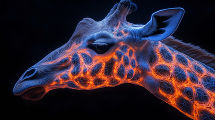 giraffe portrait with glowing network pattern illuminating natural markings, artistic digital concep