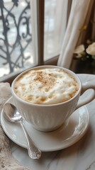 Wall Mural - Rich coffee with frothy cream and sprinkle of spice on marble table near a window