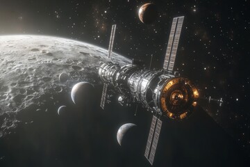 Wall Mural - exploration of outer space with a futuristic spacecraft orbiting a distant moon