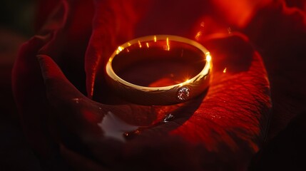 Wall Mural - Gold Ring on Red Petals Close up Shining Light Marriage Proposal Jewelry Romantic Love Gift